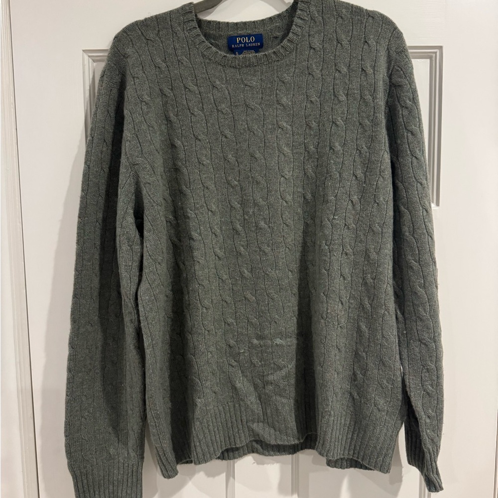 Polo by Ralph Lauren Green and Brown Cable Knit Crewneck Cashmere Sweater